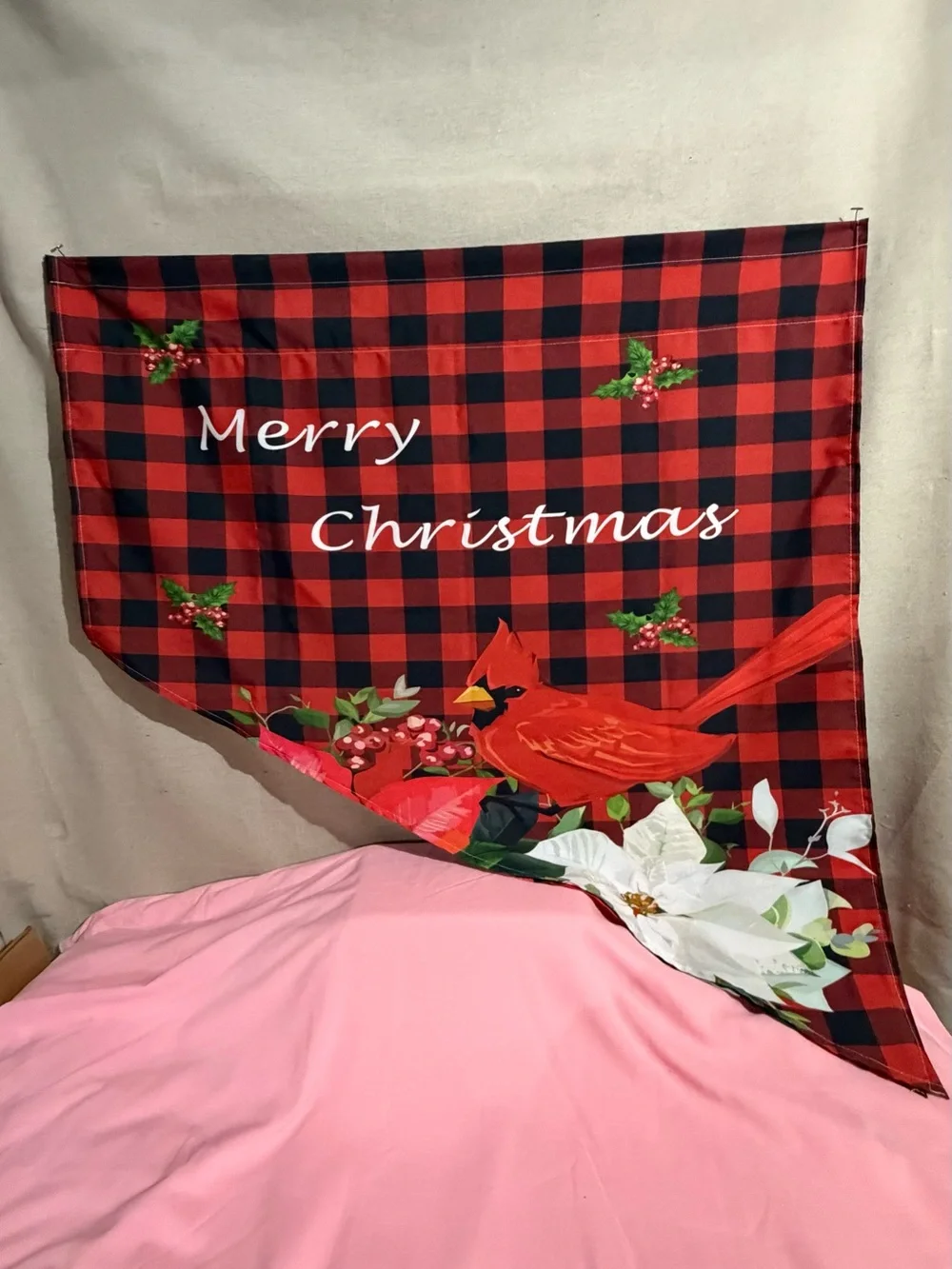 Holiday 'Merry Christmas' Red Buffalo Plaid Valance with Cardinal